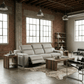 103" Italian Leather Reclining USB Sofa | Power Recliner Couch in modern living room with industrial decor.