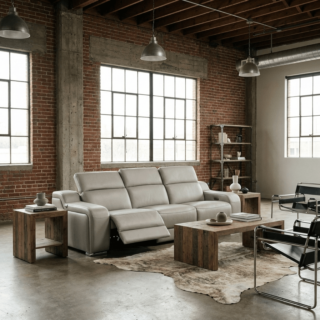 103" Italian Leather Reclining USB Sofa | Power Recliner Couch in modern living room with industrial decor.