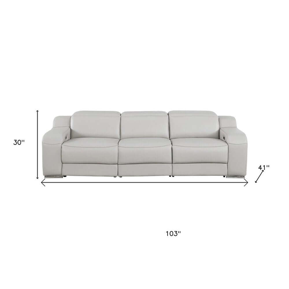 103" Italian Leather Reclining USB Sofa | Power Recliner Couch dimensions 30" height, 41" depth, 103" width.