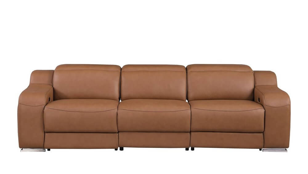 103" Italian Leather Reclining USB Sofa | Power Recliner Couch in brown leather.