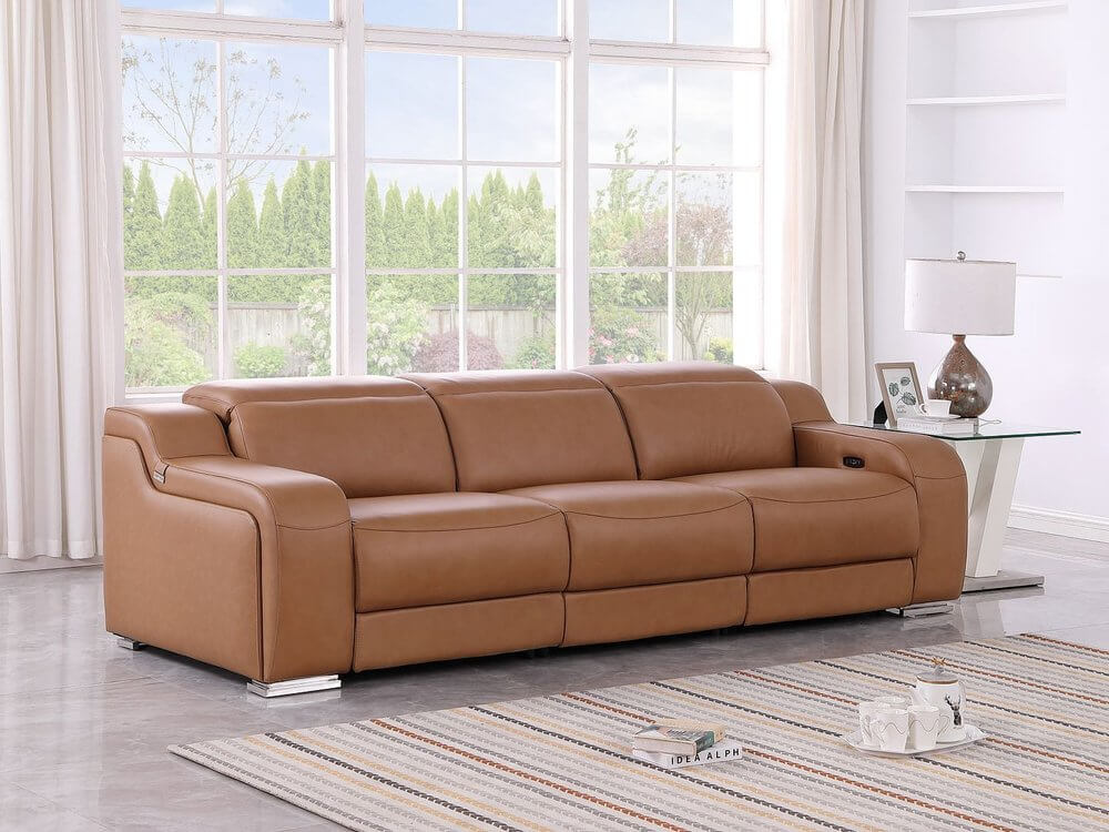 103" Italian Leather Reclining USB Sofa | Power Recliner Couch in elegant living room setting.