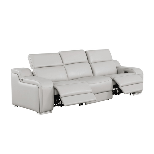 103" Italian Leather Reclining USB Sofa | Power Recliner Couch in modern light grey with power reclining features.
