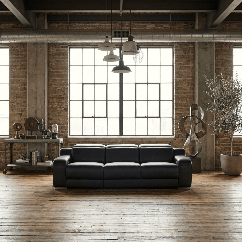 103" Italian Leather Reclining USB Sofa | Power Recliner Couch in a modern industrial living room setting