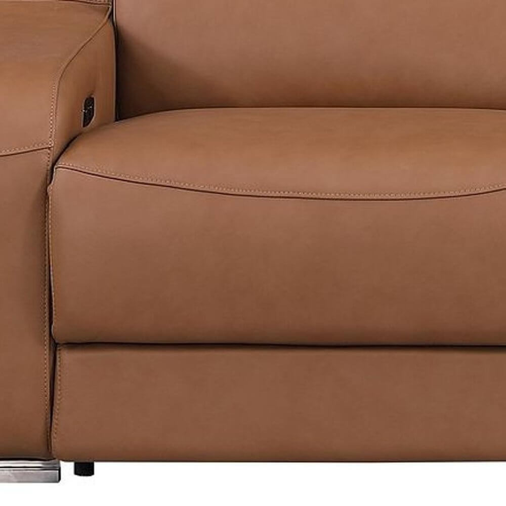 103" Italian Leather Reclining USB Sofa | Power Recliner Couch - Close-up of luxurious leather upholstery and recline button.