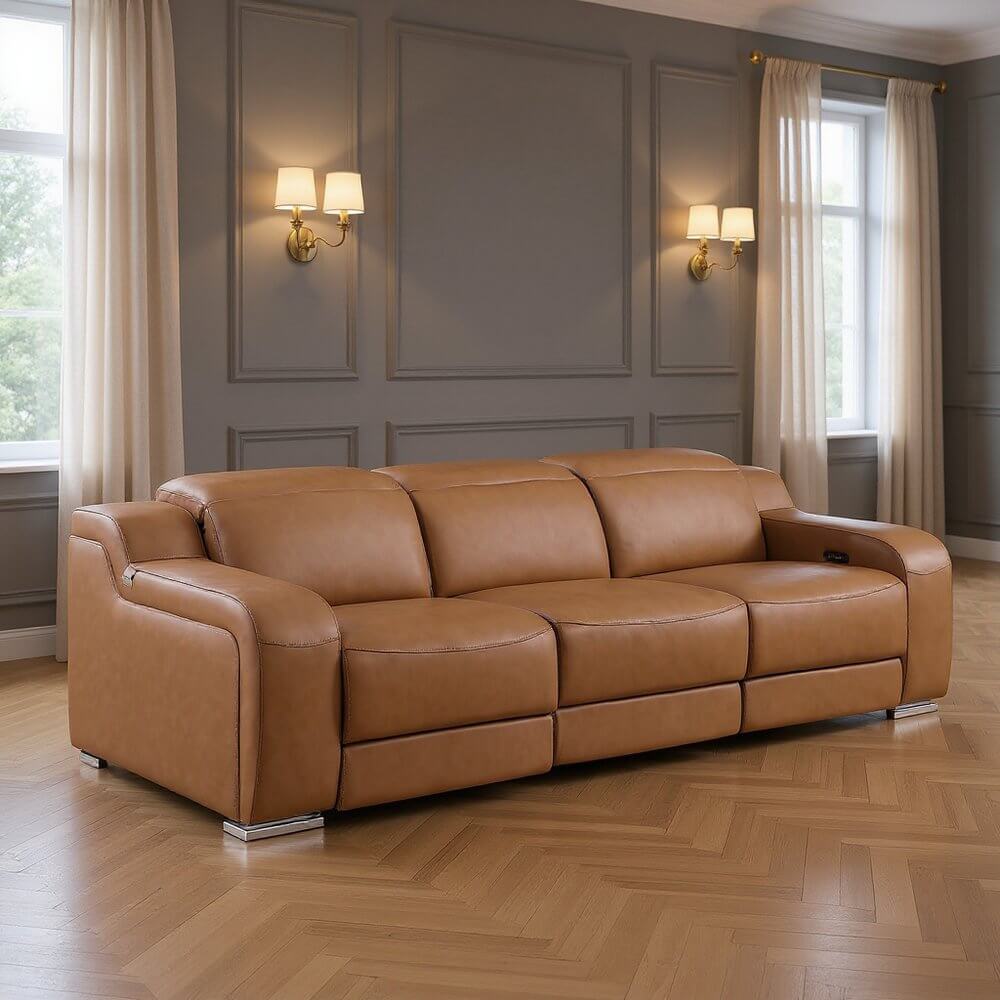 103" Italian Leather Reclining USB Sofa | Power Recliner Couch in a modern living room setting.