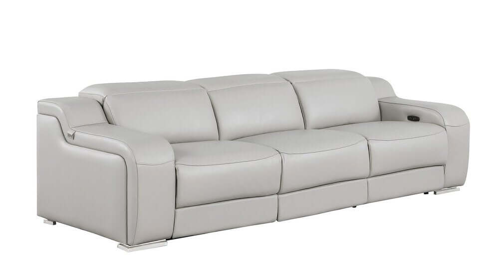 103" Italian Leather Reclining USB Sofa | Power Recliner Couch in modern light gray leather upholstery.