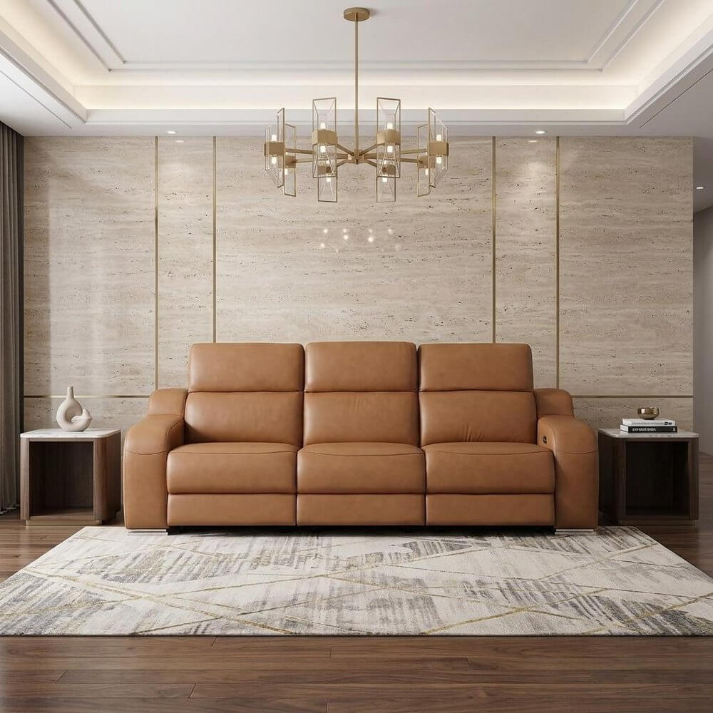103" Italian Leather Reclining USB Sofa | Power Recliner Couch in modern living room setting.