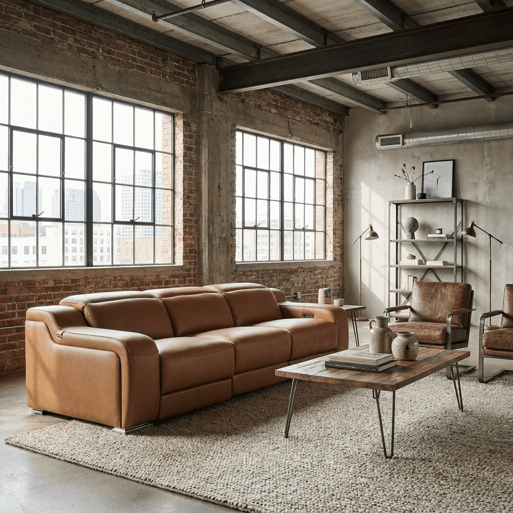 103" Italian Leather Reclining USB Sofa | Power Recliner Couch in a stylish urban living room setting