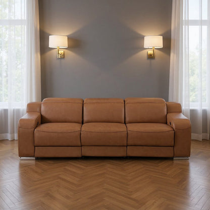 103" Italian Leather Reclining USB Sofa | Power Recliner Couch in a modern living room setting.