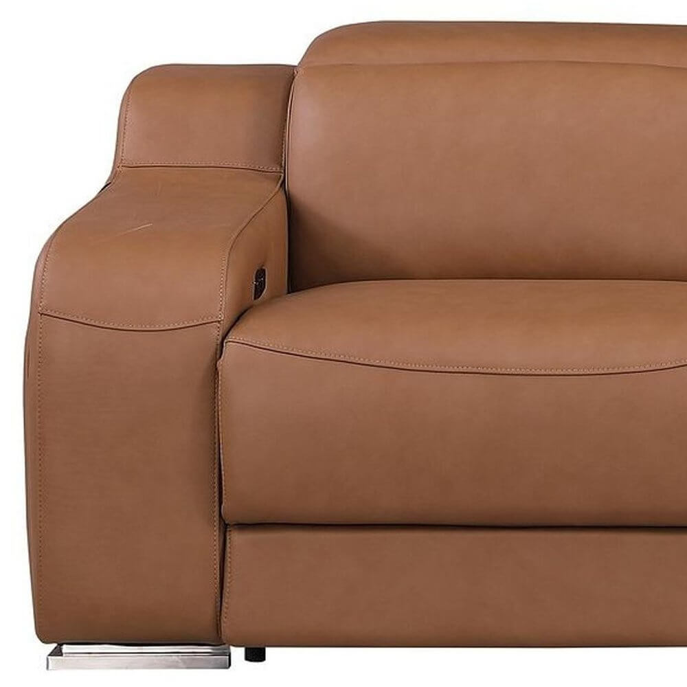 103" Italian Leather Reclining USB Sofa | Power Recliner Couch close-up of armrest detail.