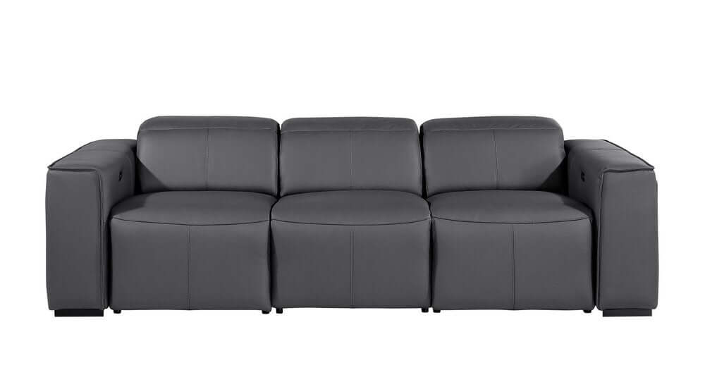 104" Top Grain Leather Reclining USB Sofa with Storage | Modern Recliner Couch in sleek gray leather design.