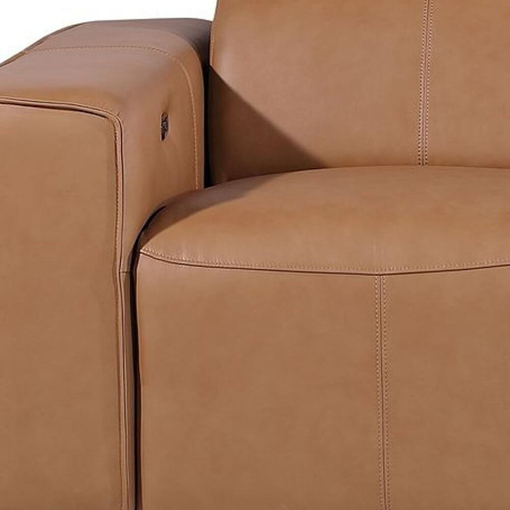 104" Top Grain Leather Reclining USB Sofa with Storage | Modern Recliner Couch close-up of top-grain leather upholstery.