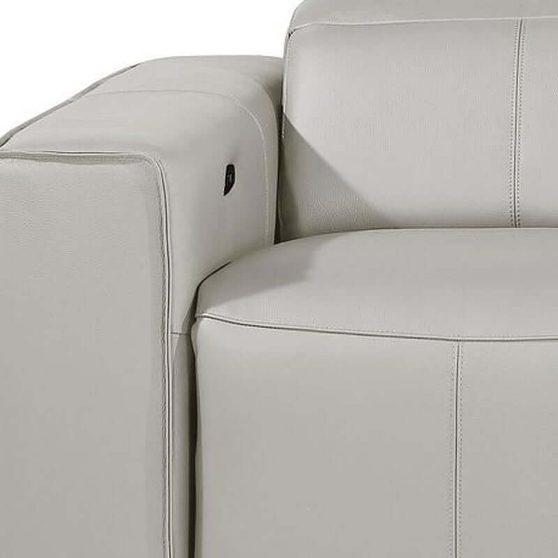 104" Top Grain Leather Reclining USB Sofa with Storage | Modern Recliner Couch armrest detail.