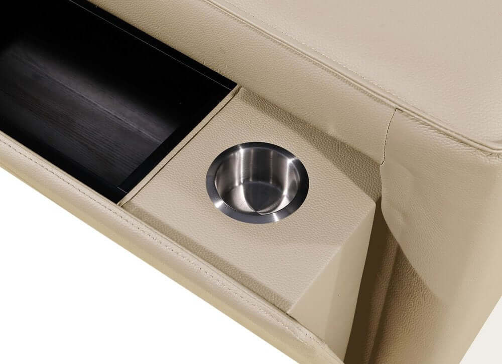 104" Top Grain Leather Reclining USB Sofa with Storage | Modern Recliner Couch with built-in cup holder and hidden storage.