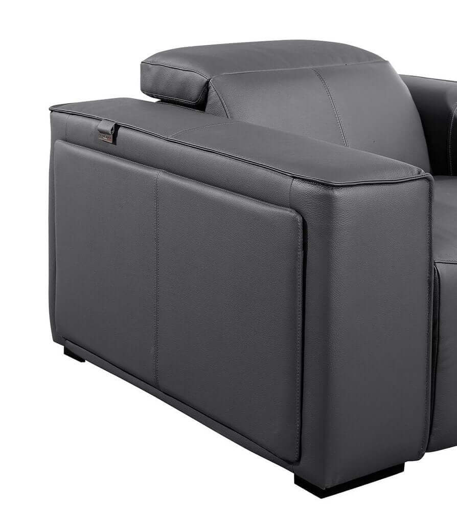 104" Top Grain Leather Reclining USB Sofa with Storage | Modern Recliner Couch side view showcasing sleek leather design.