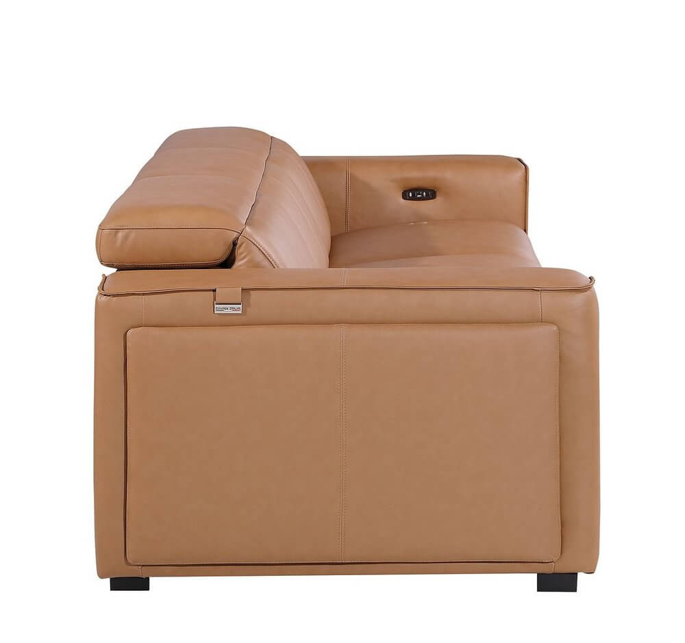 104" Top Grain Leather Reclining USB Sofa with Storage | Modern Recliner Couch side view showcasing leather upholstery and power button.
