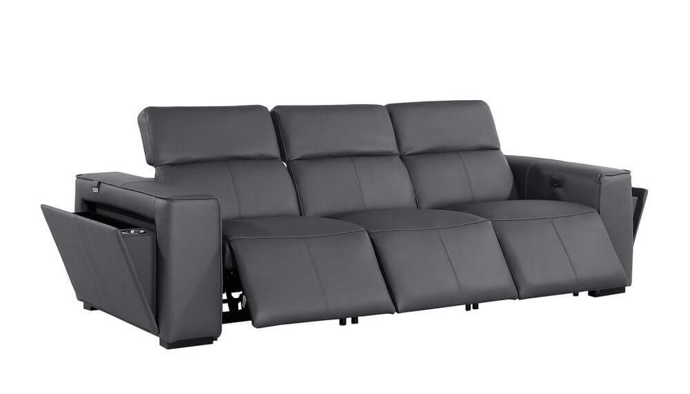 104" Top Grain Leather Reclining USB Sofa with Storage | Modern Recliner Couch in gray showing reclining features and storage.