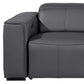 104" Top Grain Leather Reclining USB Sofa with Storage | Modern Recliner Couch gray leather armrest close-up.