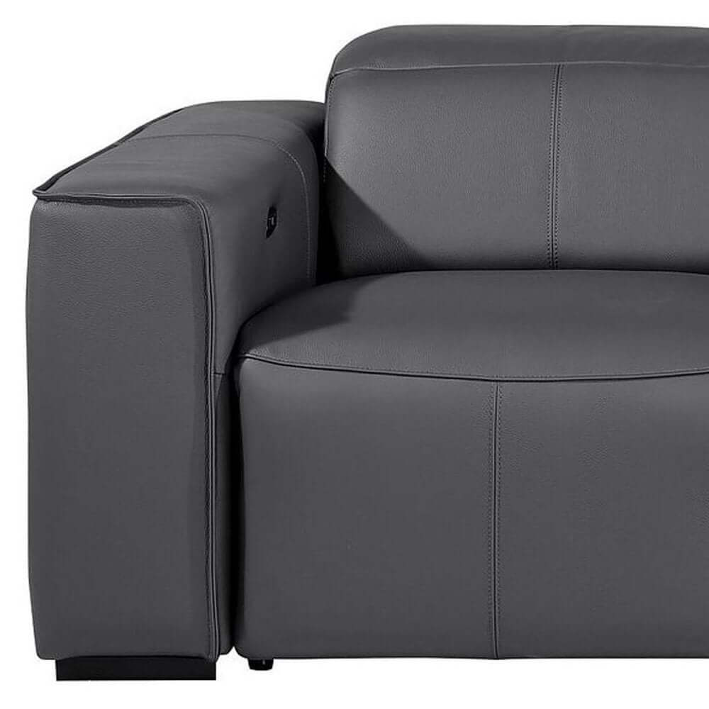104" Top Grain Leather Reclining USB Sofa with Storage | Modern Recliner Couch gray leather armrest close-up.