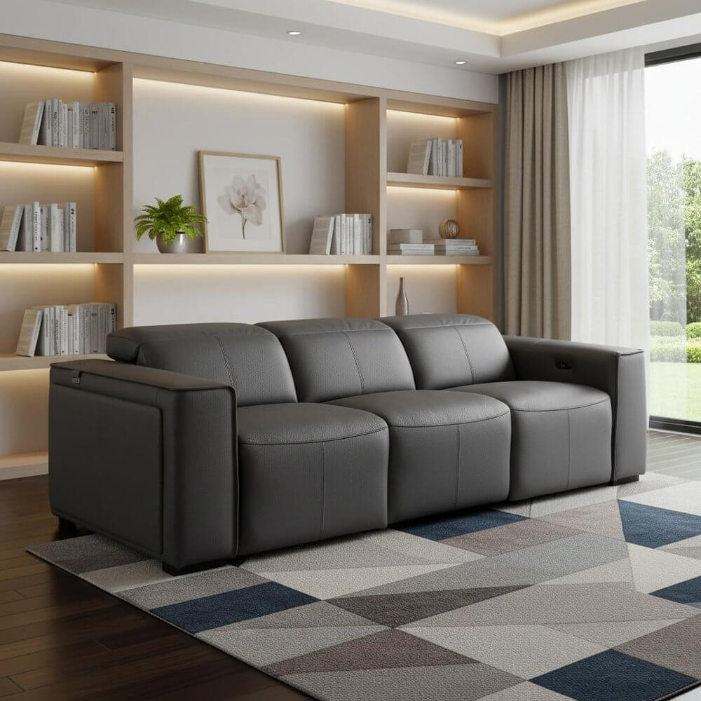 104" Top Grain Leather Reclining USB Sofa with Storage | Modern Recliner Couch in stylish gray living room setting.
