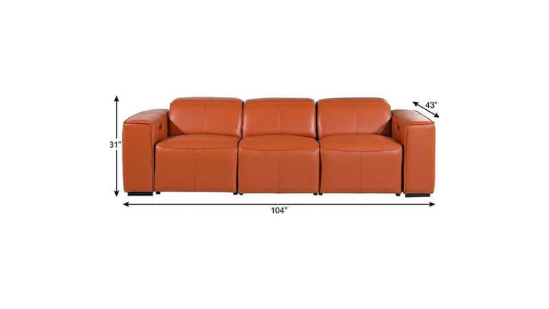 104" Top Grain Leather Reclining USB Sofa with Storage | Modern Recliner Couch in chestnut, showcasing dimensions.