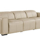 104" Top Grain Leather Reclining USB Sofa with Storage | Modern Recliner Couch in beige leather upholstery.