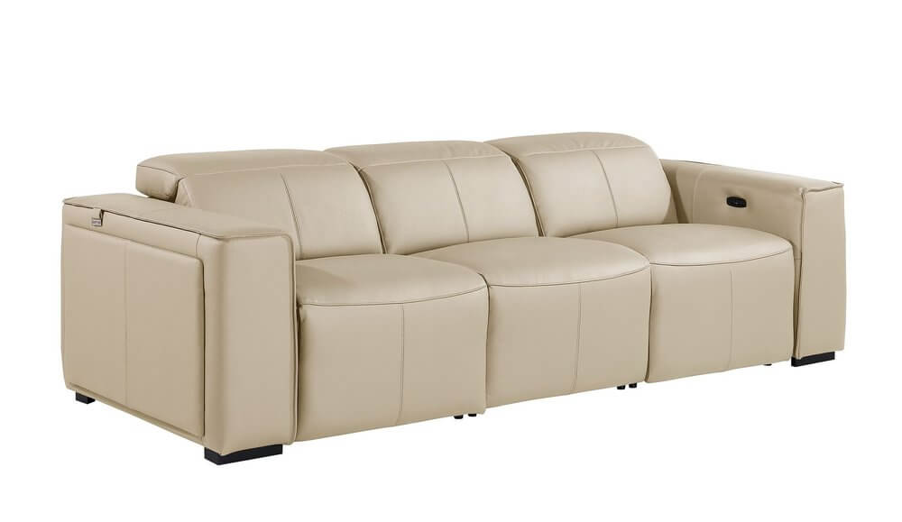 104" Top Grain Leather Reclining USB Sofa with Storage | Modern Recliner Couch in beige leather upholstery.