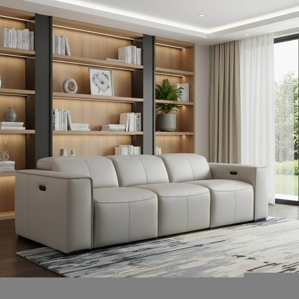 104" Top Grain Leather Reclining USB Sofa with Storage | Modern Recliner Couch in a stylish living room setting.