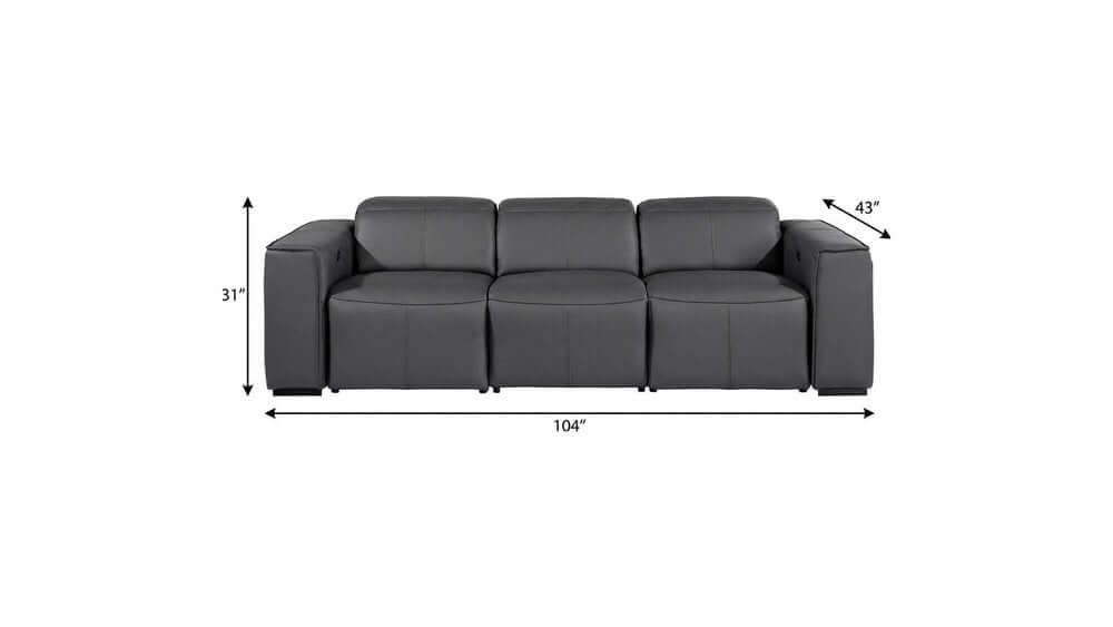 104" Top Grain Leather Reclining USB Sofa with Storage | Modern Recliner Couch in gray, showing dimensions and design.