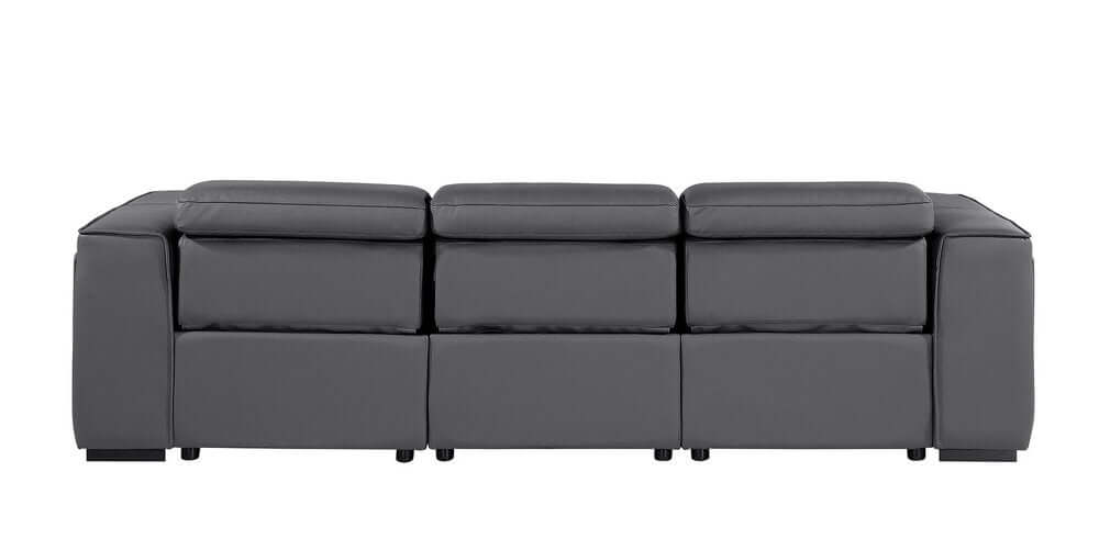 104" Top Grain Leather Reclining USB Sofa with Storage | Modern Recliner Couch in gray upholstery, side view showcasing storage.