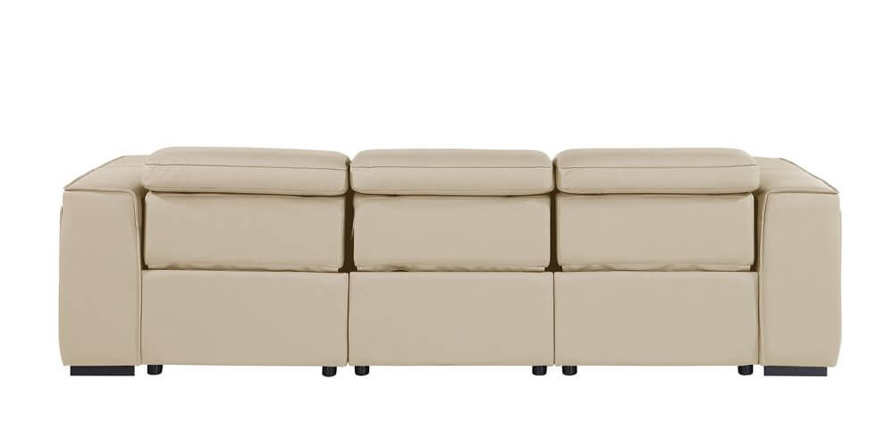 104" Top Grain Leather Reclining USB Sofa with Storage | Modern Recliner Couch in beige leather.
