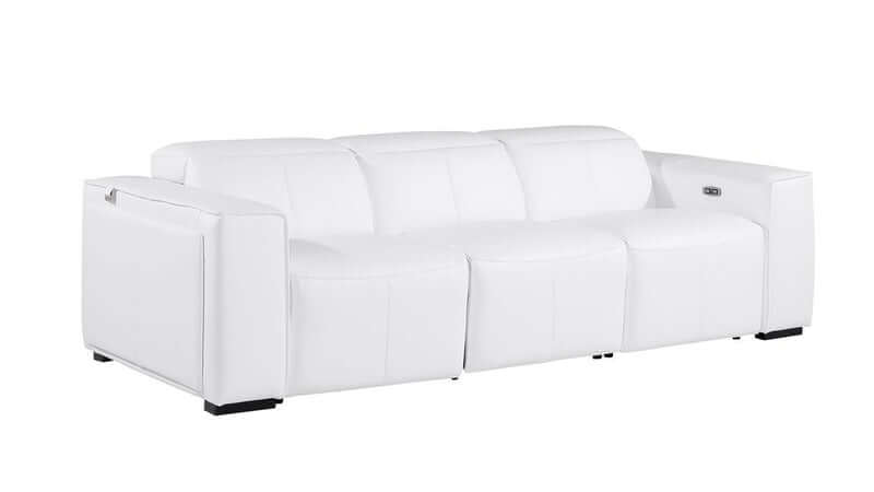 104" Top Grain Leather Reclining USB Sofa with Storage | Modern Recliner Couch in sleek white leather finish.