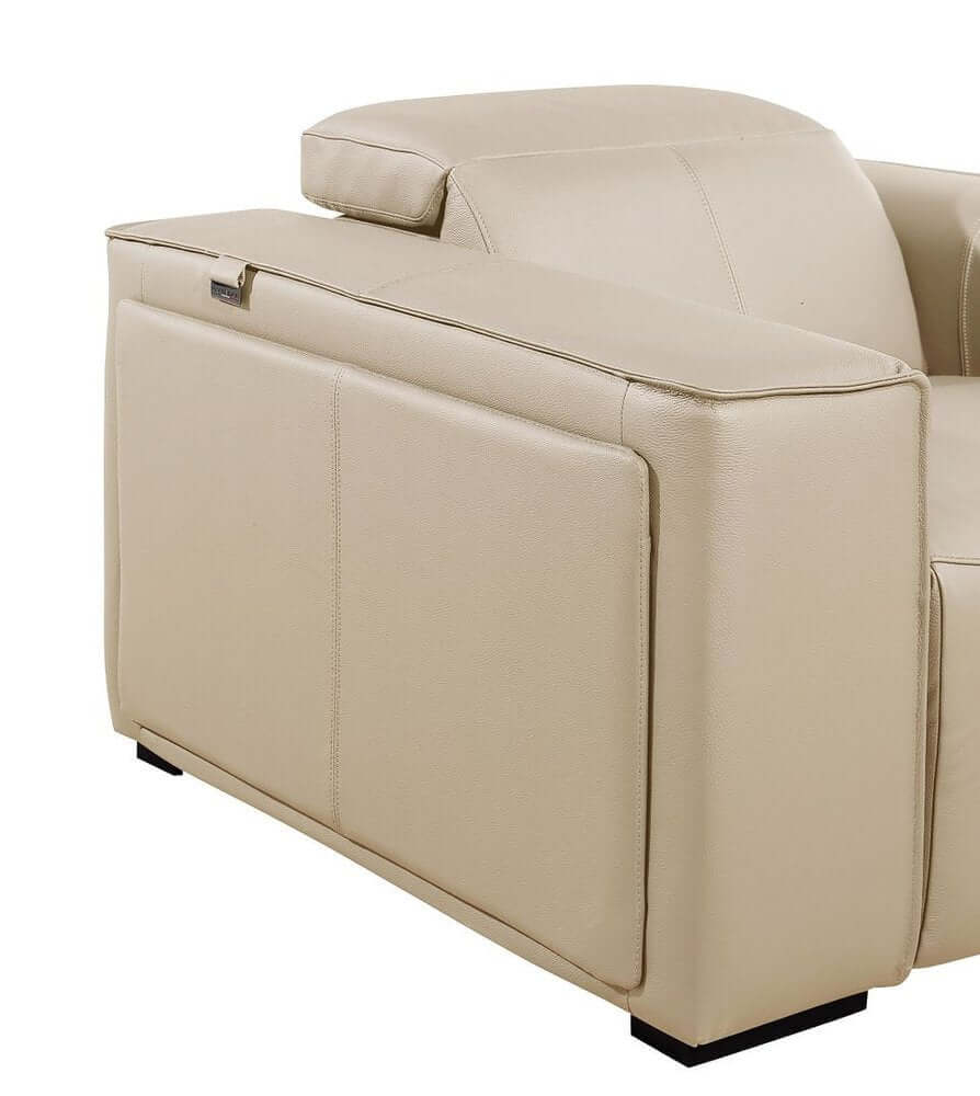 104" Top Grain Leather Reclining USB Sofa with Storage | Modern Recliner Couch side view showcasing beige leather upholstery.