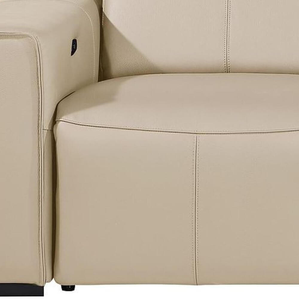 104" Top Grain Leather Reclining USB Sofa with Storage | Modern Recliner Couch in beige leather upholstery.