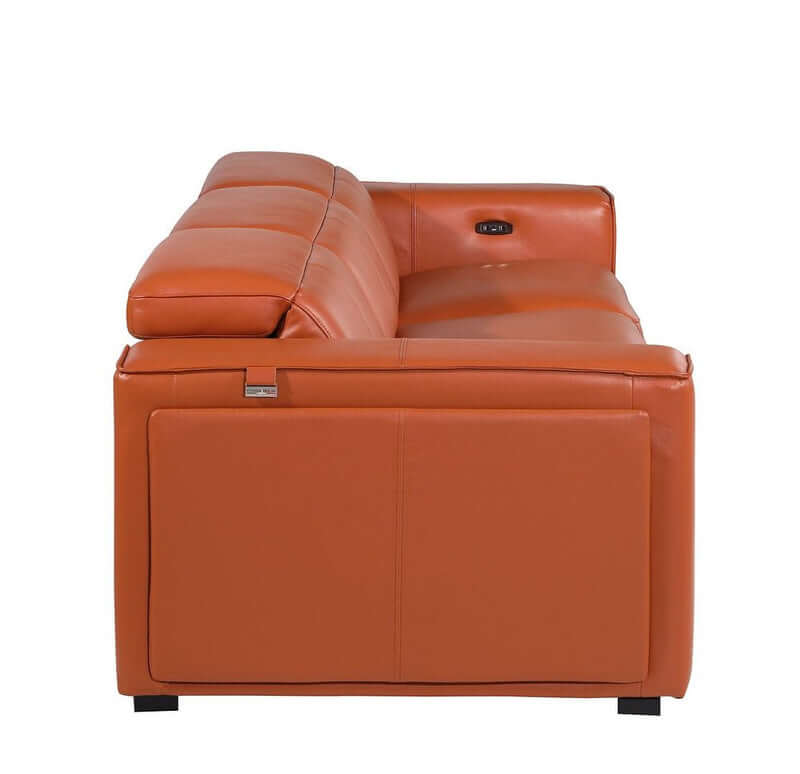 104" Top Grain Leather Reclining USB Sofa with Storage | Modern Recliner Couch in chestnut color viewed from the side.