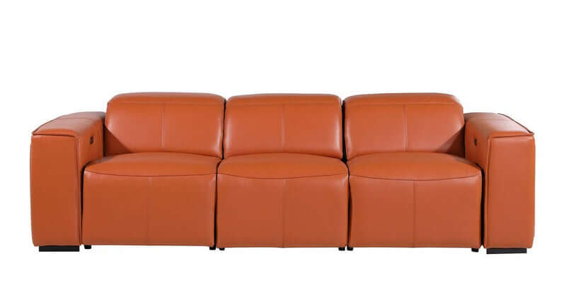 104" Top Grain Leather Reclining USB Sofa with Storage | Modern Recliner Couch in chestnut color.