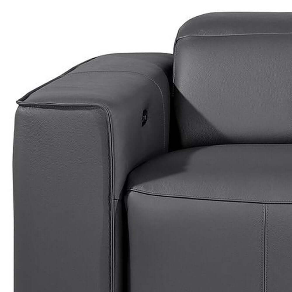 104" Top Grain Leather Reclining USB Sofa with Storage | Modern Recliner Couch armrest detail in gray