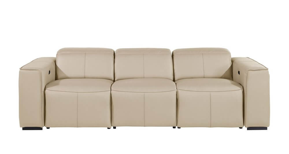 104" Top Grain Leather Reclining USB Sofa with Storage | Modern Recliner Couch in beige upholstery.