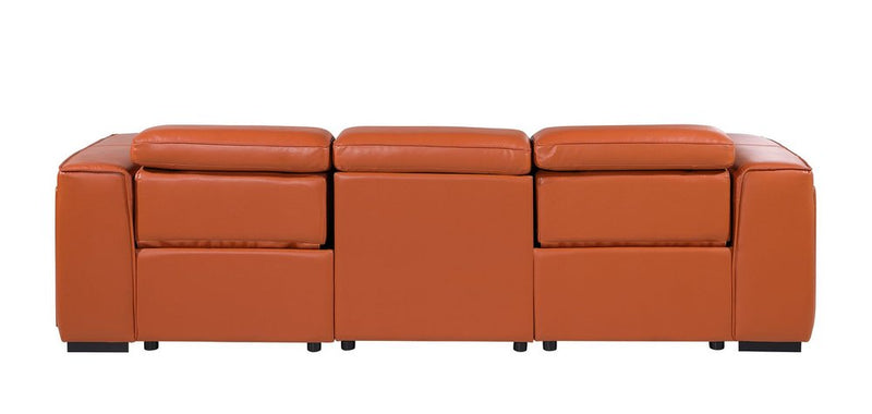 104" Top Grain Leather Reclining USB Sofa with Storage | Modern Recliner Couch in chestnut leather finish.