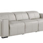 104" Top Grain Leather Reclining USB Sofa with Storage | Modern Recliner Couch in light gray leather upholstery.