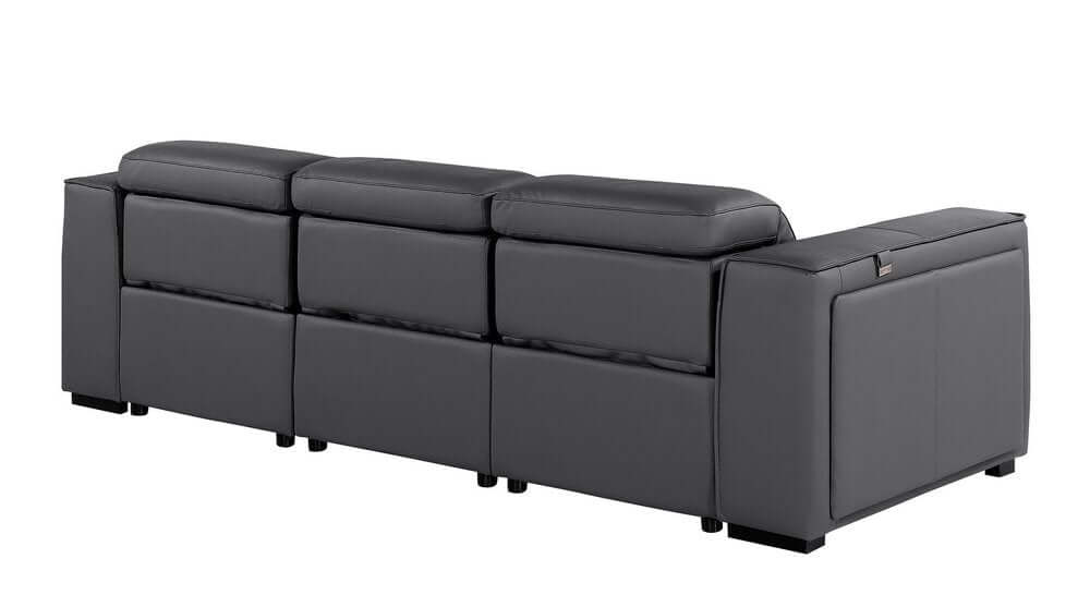 104" Top Grain Leather Reclining USB Sofa with Storage | Modern Recliner Couch in dark gray from the back view.
