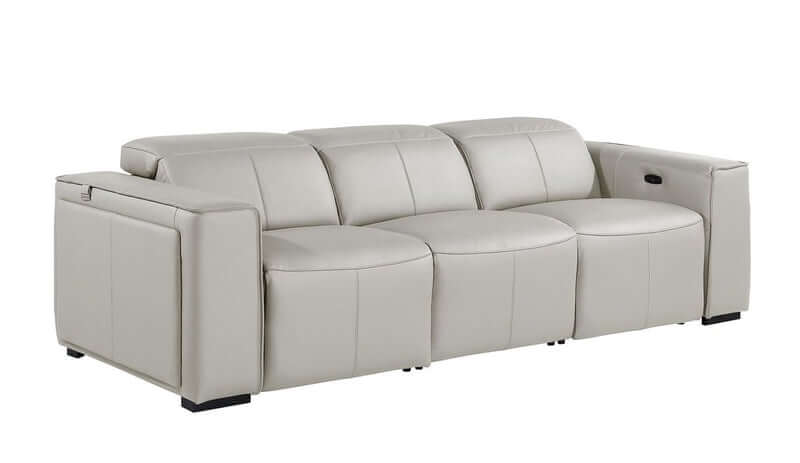 104" Top Grain Leather Reclining USB Sofa with Storage | Modern Recliner Couch in light gray leather upholstery.