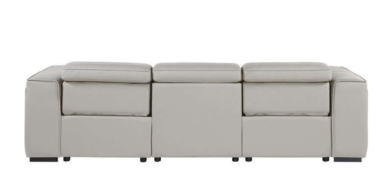 104" Top Grain Leather Reclining USB Sofa with Storage | Modern Recliner Couch in light gray leather with hidden storage.