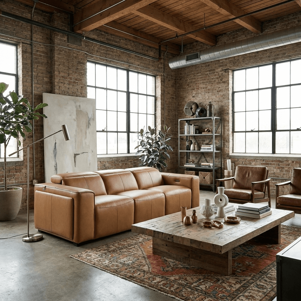 104" Top Grain Leather Reclining USB Sofa with Storage | Modern Recliner Couch in a stylish industrial living room.