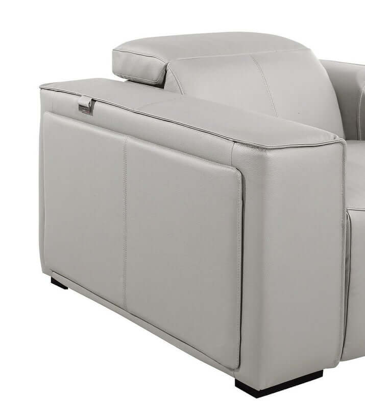 104" Top Grain Leather Reclining USB Sofa with Storage | Modern Recliner Couch side view showing sleek design and storage option.