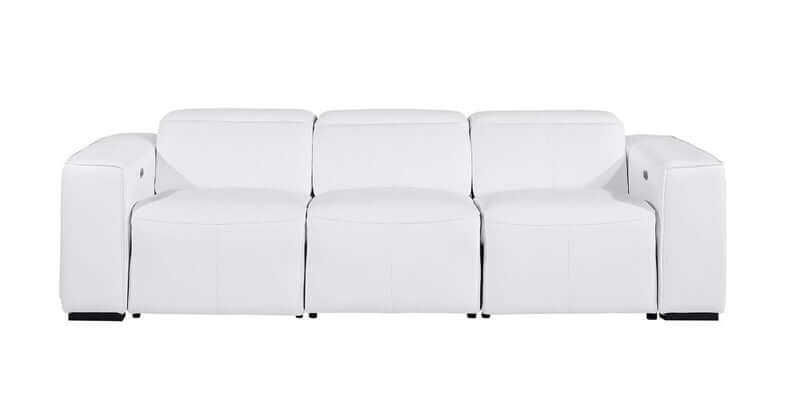 104" Top Grain Leather Reclining USB Sofa with Storage | Modern Recliner Couch in white.