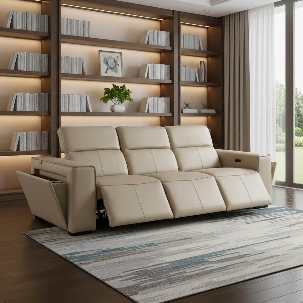 104" Top Grain Leather Reclining USB Sofa with Storage | Modern Recliner Couch in light beige color in a stylish living room.