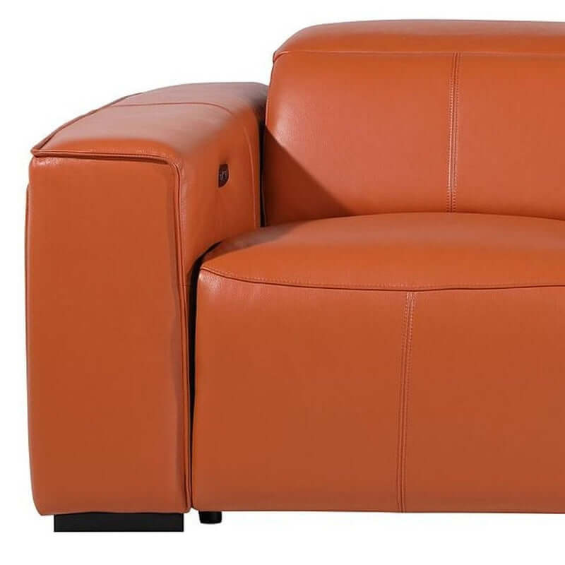 104" Top Grain Leather Reclining USB Sofa with Storage | Modern Recliner Couch close-up of chestnut upholstery and armrest.