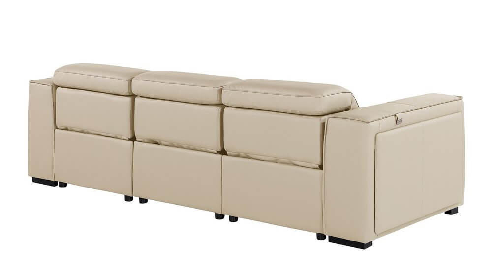 104" Top Grain Leather Reclining USB Sofa with Storage | Modern Recliner Couch in beige color, showcasing hidden storage.