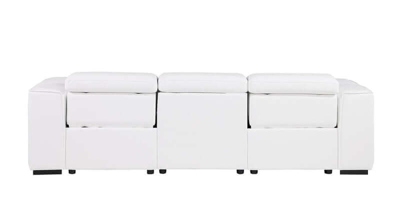 104" Top Grain Leather Reclining USB Sofa with Storage | Modern Recliner Couch in white with hidden storage.
